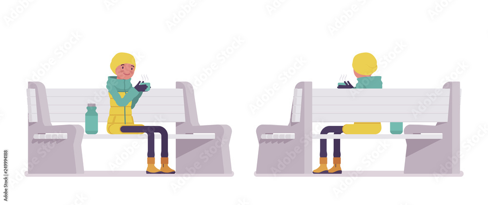 Young woman in bright down jacket sitting on bench with thermos, wearing soft warm winter clothes, snow boots and hat. Women outfit. Vector flat style cartoon illustration isolated on white background