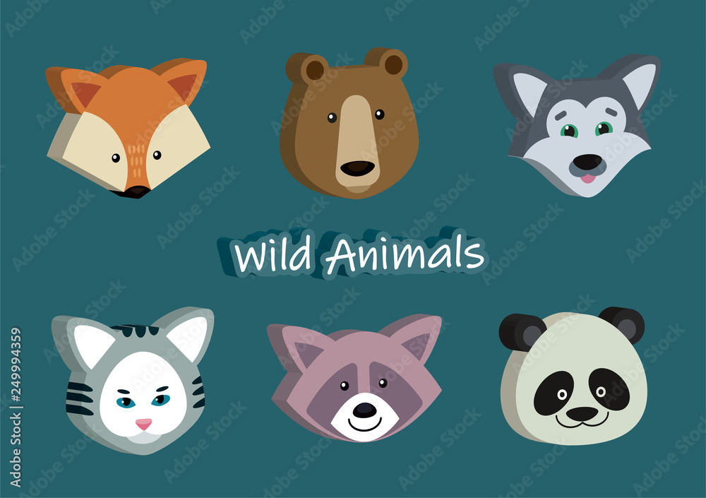 Isometric icons of cute animals. Wild animals portrait set with volumetric design. Icons of muzzles can be used for infographics, patches, stickers. Vector illustration Isometric icons of cute animals. Wild animals portrait set with volumetric design. Icons of muzzles can be used for infographics, patches, stickers. Vector illustration