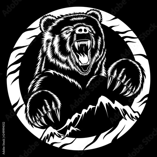 Angry bear and mountains. White vector image on black background.