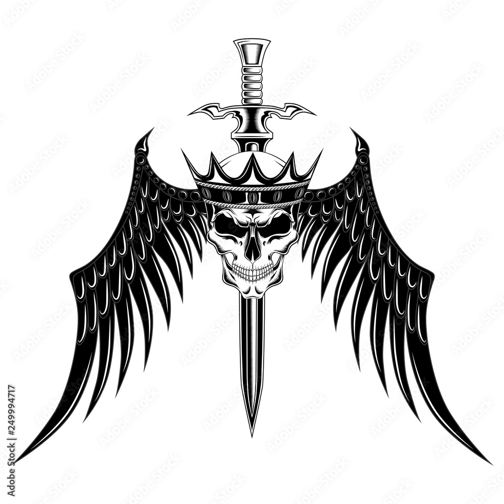 Skull in a crown with black wings and a sword. Vector image on white ...