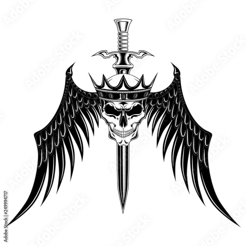 Skull in a crown with black wings and a sword. Vector image on white background.