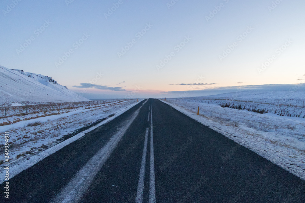 Highway 1 Iceland. Clear road covered in winter.ring road, route 1 in Iceland Highway 1 Iceland. Clear road covered in winter.ring road, route 1 in Iceland