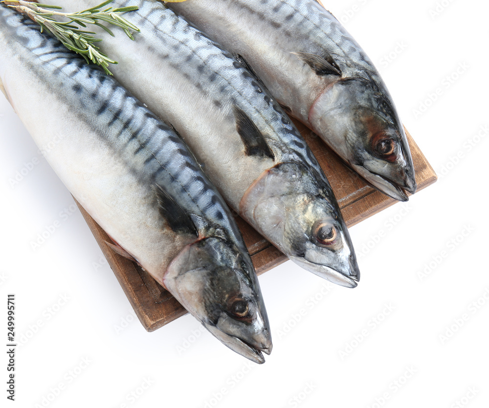Wooden board with tasty raw mackerel fish on white background Wooden board with tasty raw mackerel fish on white background