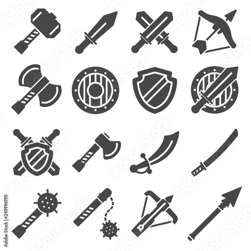 Medieval weapons and armors set. Medieval warrior equipment. Sword, sabre, dagger, axe, male