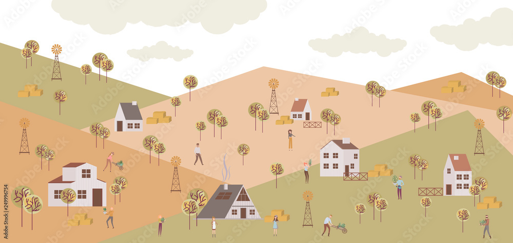 Spring background. Poster with spring landscape with people and houses in the Scandinavian style. Editable vector illustration