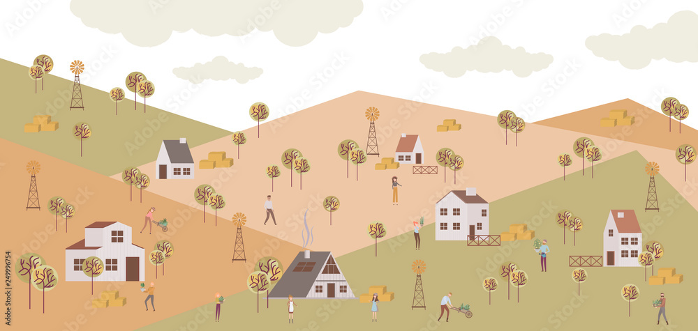 Spring background. Poster with spring landscape with people and houses in the Scandinavian style. Editable vector illustration Spring background. Poster with spring landscape with people and houses in the Scandinavian style. Editable vector illustration