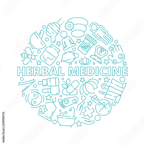 Alternative medicine concept. Herbal natural medical practice vitamin homeopathy vector symbols in circle shape. Organic natural homeopathy  aromatherapy for health illustration