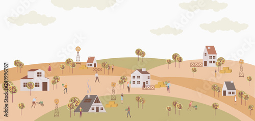 Spring background. Poster with spring landscape with people and houses in the Scandinavian style. Editable vector illustration