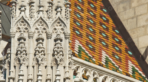 Photography View of the details of the Matthias church, Buda, sunny day, Budapest, Hungary