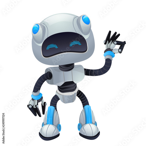 Robot cartoon character in vector 3d mascot with emotions, technology, cute isolated on white background.