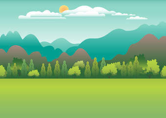 Leinwandbilder Olivgrün Hills and mountains landscape in flat style design. Valley background. Beautiful green fields, meadow, and blue sky. Rural location in the hill, forest, trees, cartoon vector illustration  © cosveta