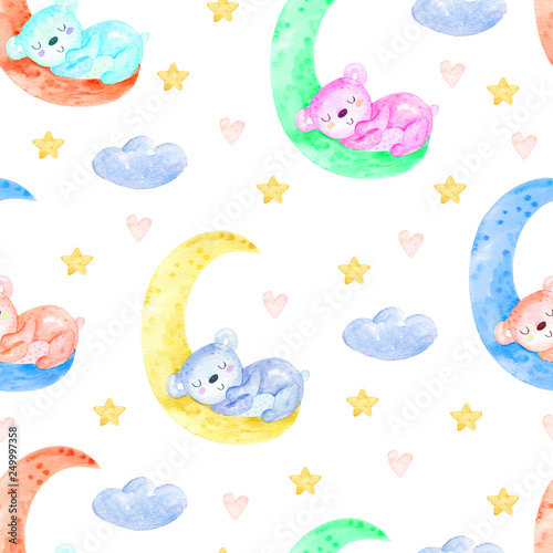 Cute seamless pattern with funny bear and moon. Nursery teddy bear illustration.