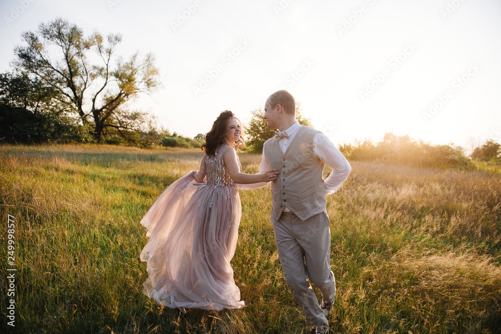Wedding near the river in field at sunset with brown horse. Bride in light airy dress in color of dusty rose. Beige dress with sparkles. Light suit with bow tie. bride and groom embrace and kiss. Wedding near the river in field at sunset with brown horse. Bride in light airy dress in color of dusty rose. Beige dress with sparkles. Light suit with bow tie. bride and groom embrace and kiss.