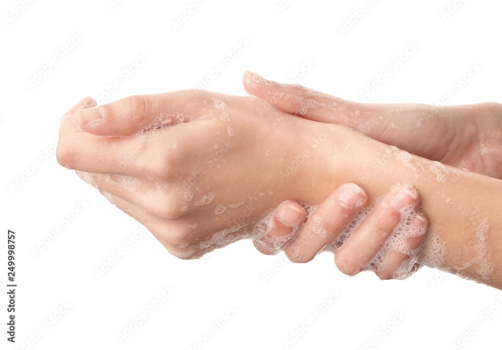 Woman washing hands on white background Woman washing hands on white background