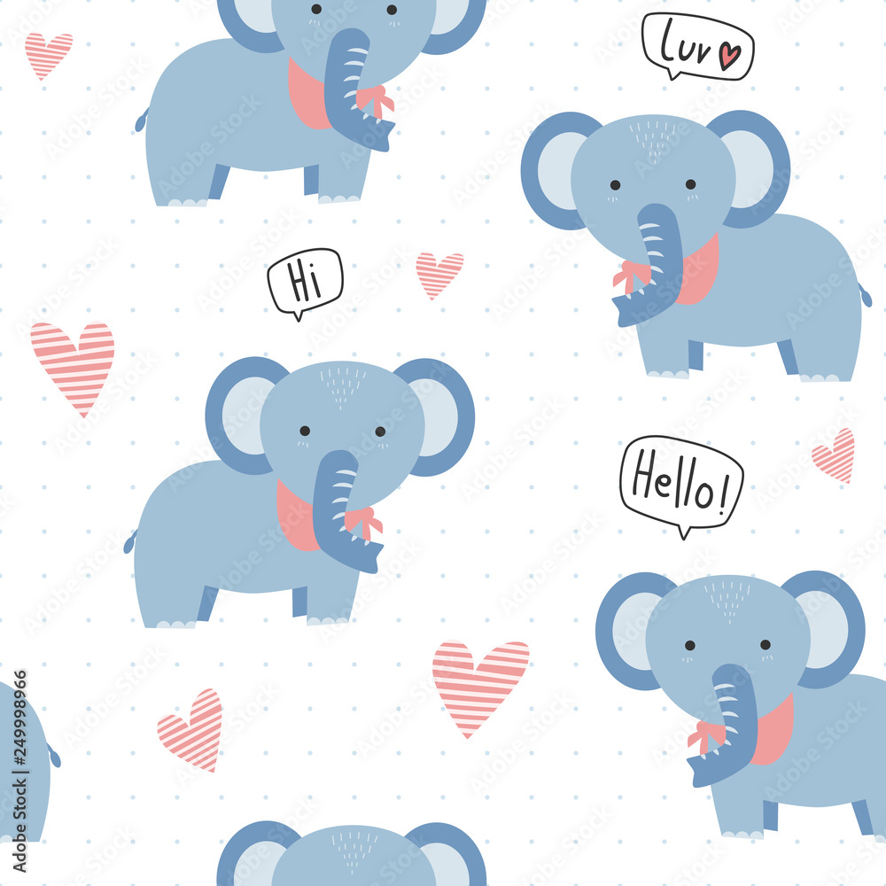 Cute adorable kawaii blue elephant with heart cartoon pastel seamless  pattern background wallpaper Stock Vector | Adobe Stock