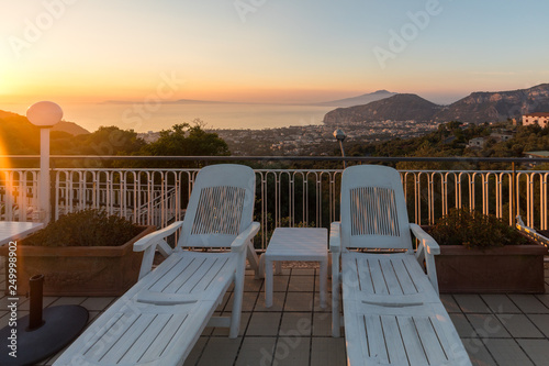 Swimming pool on the Amalfi Coast with views of the Gulf of Naples and Vesuvius. Sorrento. Italy