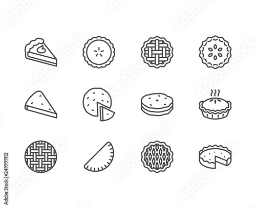 Pie flat line icons set. Ossetian, cherry, apple, pumpkin pies, casserole, pita vector illustrations. Thin signs for bakery. Pixel perfect 64x64. Editable Strokes photo