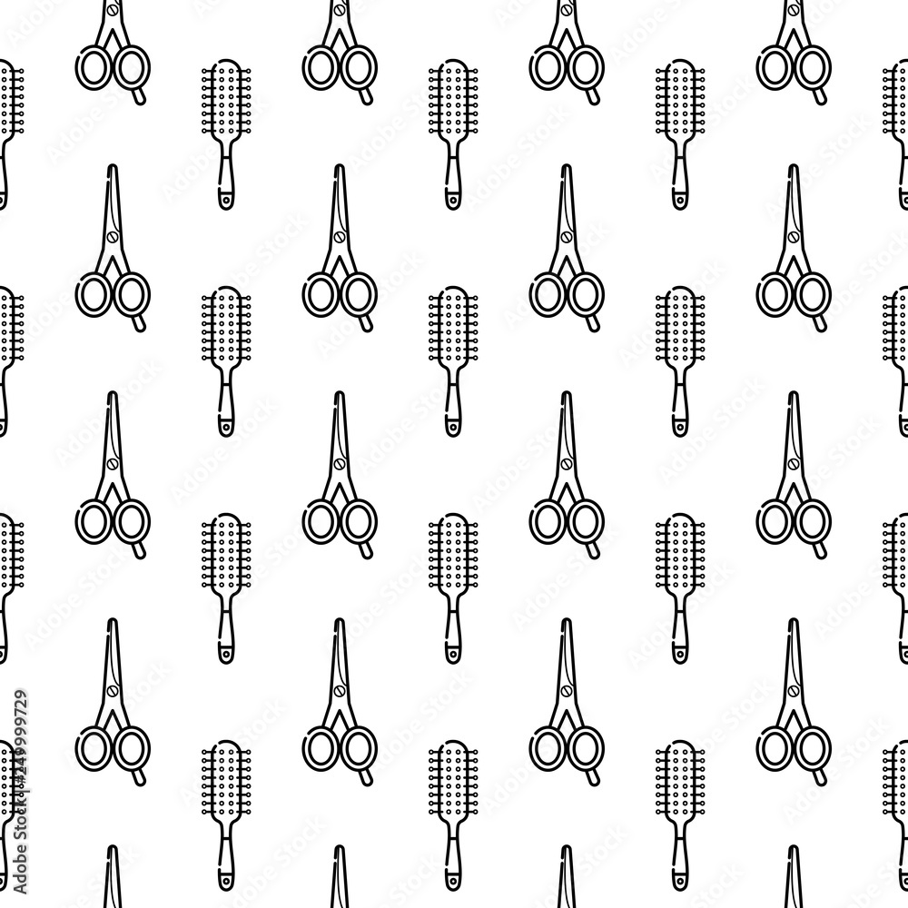 Vector seamless monochrome pattern for hairdresser. Tools for the master in the beauty salon. Hair dryer for drying hair. Linear style vector objects Vector seamless monochrome pattern for hairdresser. Tools for the master in the beauty salon. Hair dryer for drying hair. Linear style vector objects