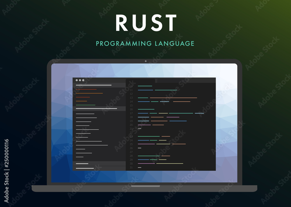 Rust programming language vector icon. Learning concept on the laptop ...