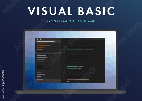 Visual Basic programming language vector icon. Learning concept on the laptop screen code programming. Command line Visual Basic interface with flat design and gradient purple background. 