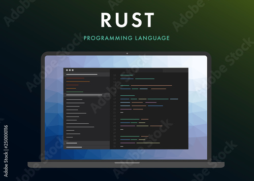 Rust programming language  vector icon. Learning concept on the laptop screen code programming. Command line Rust interface with flat design and gradient purple background. 