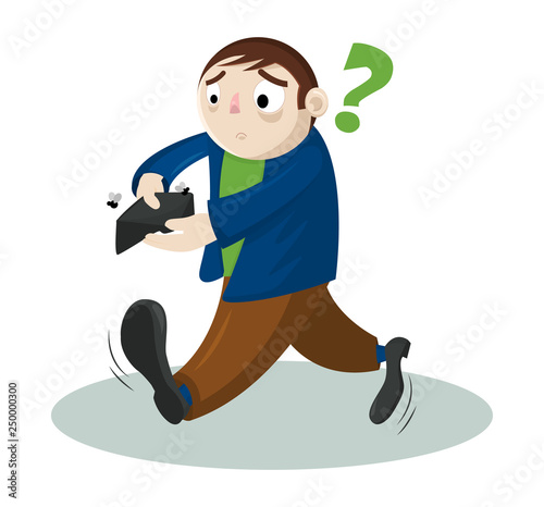 Funny cartoon vector man with no money. Businessman holding empty wallet. Concept of bankruptcy. 