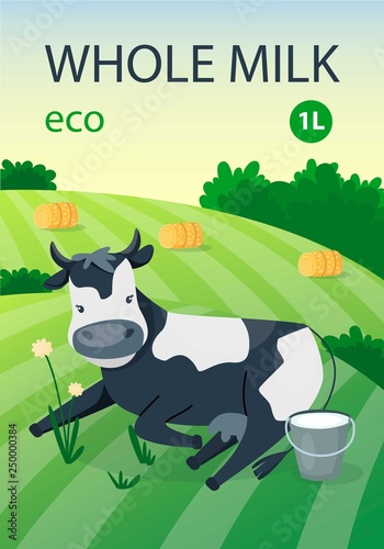 Adorable cute cow with milk bucket on the green meadow. Rural field landscape. Vector design for milky pack or illustration for children. Cartoon flat style.