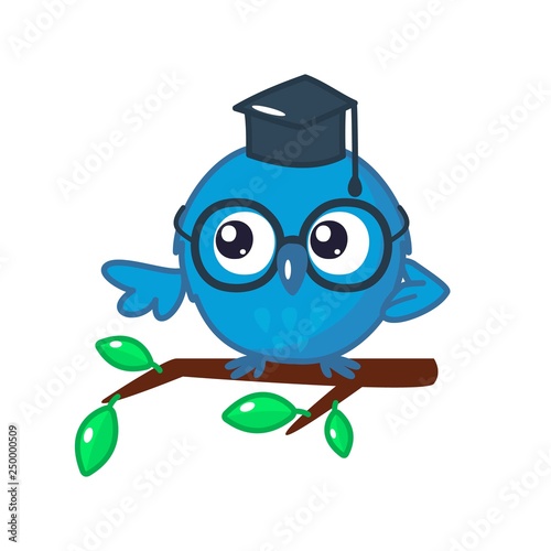 Wise Owl with the student hat and glasses on the branch with leaves. Cartoon bird emoji and sticker. Vector illustration. Kawaii style.