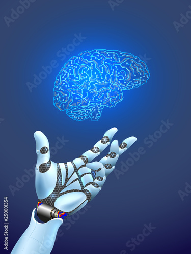 Robot arm and hand human, touch. Illustration can be used for artificial intelligence business banner design. Technological concept. Banner. Low poly vector illustration of a starry sky or Cosmos