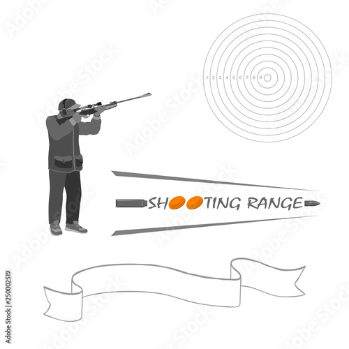 The man is standing with a rifle and shoot at the target. rifle, bullets, plates and target for marksmanship