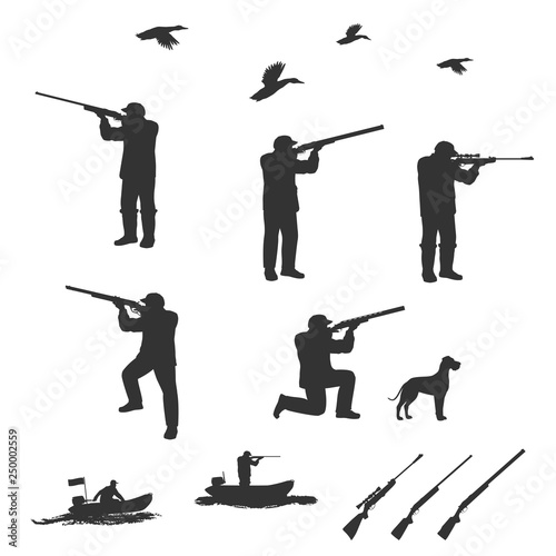 A man stands on one knee and fired from a rifle. Nearby is a dog.Rubber boats with a motor in a different position. Isolate on white background.