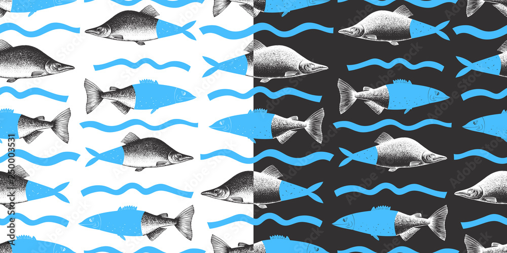 Hand drawn collage seamless pattern of pink salmon fish. Can be use for menu or packaging design. Seafood vector illustration. Modern background