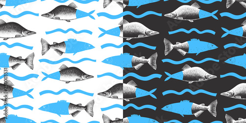 Hand drawn collage seamless pattern of pink salmon fish. Can be use for menu or packaging design. Seafood vector illustration. Modern background