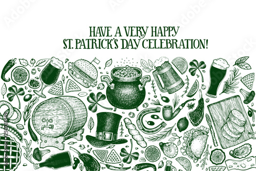 St. Patricks day design template. Vector hand drawn illustrations. Irish vintage background. Can be use for menu cover or packaging.