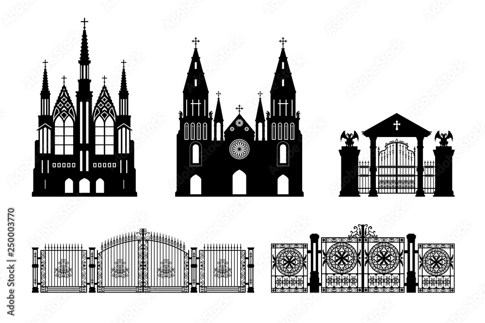 Black silhouettes of gothic church, crypt and gate. Isolated drawing of cathedral build. Fantasy architecture. European medieval landmark. Design element