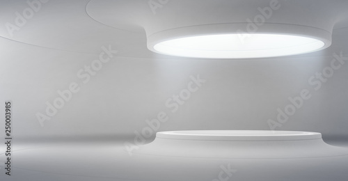 Abstract interior design of modern showroom with empty white floor and curved concrete wall background, Podium for product display in future architecture or spaceship - Stage 3d illustration