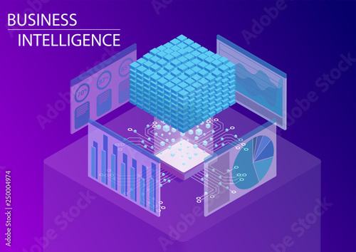 Business intelligence / BI concept with data cube and analytics dashboard. 3d isometric vector illustration