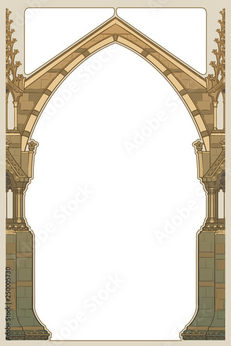 Medieval manuscript style rectangular frame. Gothic style pointed arch formed with flying buttresses. Vertical orientation. EPS10 vector illustration