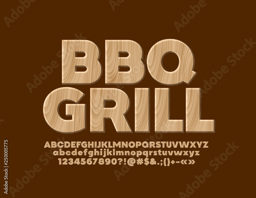 Vector eco banner BBQ Grill with Wooden Font. Tree textured Alphabet Letters, Numbers and Symbols 