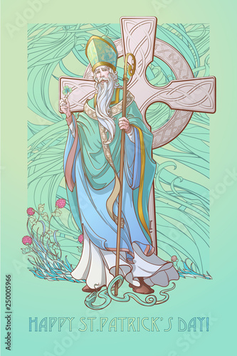 St. Patrick expelling snakes from Ireland. illustration for the St. Patric's day. Poster or greeting card design. Trendy colors. EPS10 vector illustration.