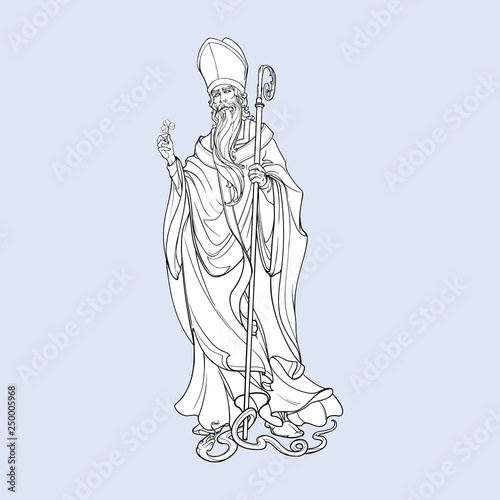 St. Patrick expelling snakes from Ireland. illustration for the St. Patric's day. Poster or greeting card design. Black and white drawing isolated on a grey background. EPS10 vector illustration.