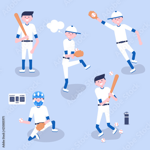 Vector Illustration. Set of baseball cartoon players: catcher, pitcher in modern flat style. Baseball equipment icon. Baseball characters team 
