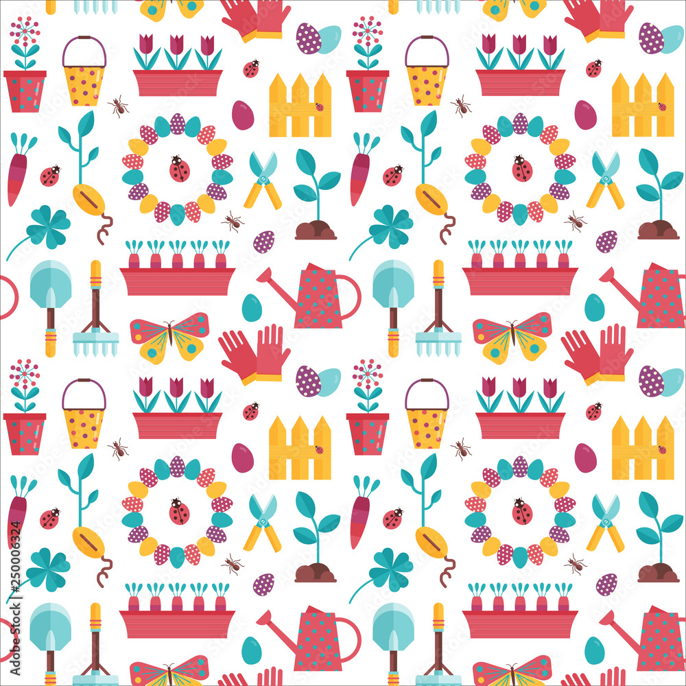 Spring seedling and planting pattern with plant growing icons. Home gardening seamless background with lanscaping elements and equipment. Springtime backdrop for wrapping paper or print.