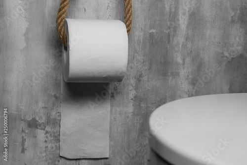 Roll of toilet paper hanging on grey wall in restroom