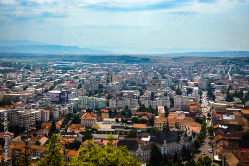 Aerial view of Deva city from the walls of the Deva Fortress, in Romania, Europe 