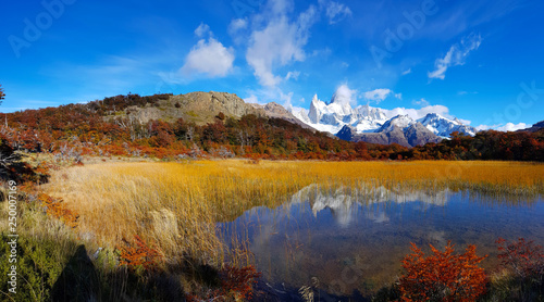 Laguna Capri and Mount Fitz Roy, Argentina. View in the morning of the Patagonian autumn colors. 