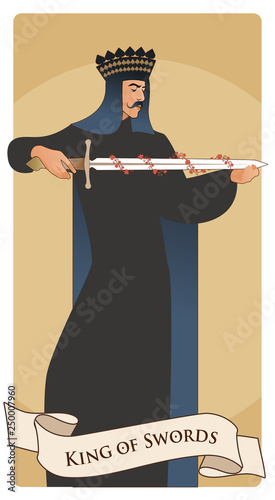 King of Swords with spades crown, holding a sword surrounded by flower garland. Minor arcana Tarot cards. Spanish playing cards.