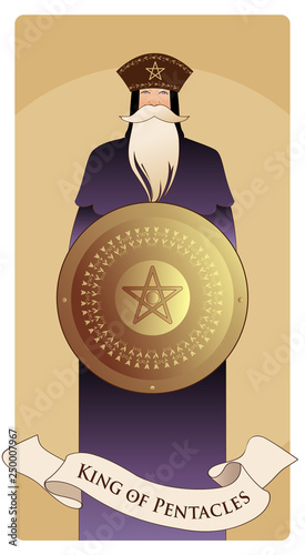 King of Pentacles with crown and long beard holding golden shield with the symbol of the pentacle in the center. King of Gold. Minor arcana Tarot cards. Spanish playing cards.