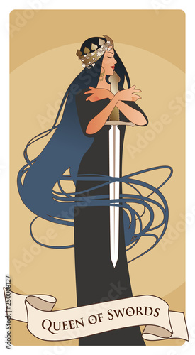 Queen of Swords with spades crown, holding a sword surrounded by her long hair. Minor arcana Tarot cards. Spanish playing cards.