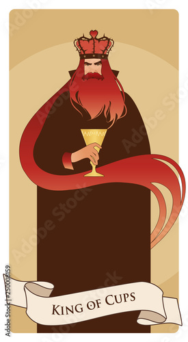 King of Cups with crown, roses and thorns, holding a golden cup. Minor arcana Tarot cards. Spanish playing cards.